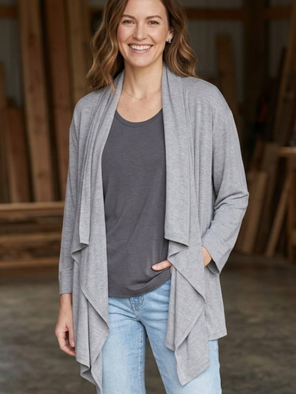 Natori Gray Draped Open Front Cascading Cardigan Wrap Jacket Size L